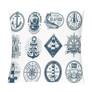Personality  Nautical Anchor, Ship Helm, Lighthouse And Fish, Vector Marine Wave Icons Or T-shirt Prints. Ocean Sailing Navigation Compass, Seafood Bar Lobster Crab And Retro Aqualung Sign For Sea Diving Club Pillow Covers