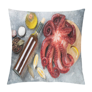 Personality  Raw Octopus Cooking With Spices And White Wine On Stone Table. Seafood. Top View Pillow Covers