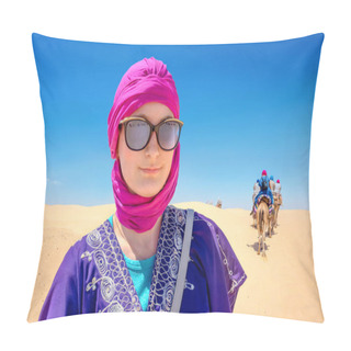 Personality  Portrait Of Beautiful Woman In Arabic Traditional Clothing Against Background Of Tourists Riding On Camels. Sahara Desert, Tunisia, North Africa        Pillow Covers