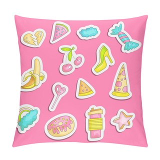 Personality  Cute Funny Girl Teenager Colored Stickers Set, Fashion Cute Teen And Princess Icons. Magic Fun Cute Girls Objects - Donut, Broken Heart, Opened Banana, Pizza And Other Draw Icon Patch Collection. Pillow Covers