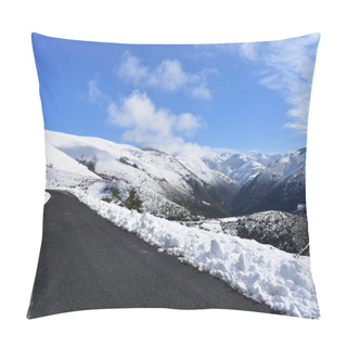 Personality  Winter Landscape With Road And Snowy Mountains. Blue Sky With Clouds. Ancares Region, Lugo Province, Galicia, Spain. Pillow Covers