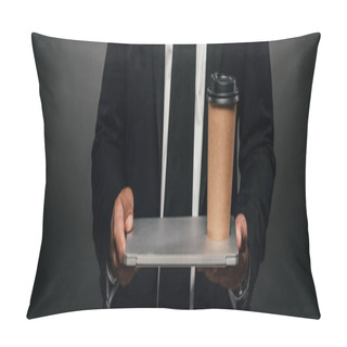 Personality  Cropped View Of African American Businessman Holding Laptop And Paper Cup On Dark Background, Panoramic Shot Pillow Covers