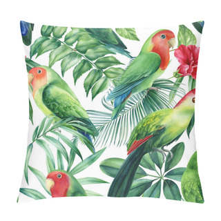 Personality  Parrots Lovebirds And Tropical Plants On White Background, Watercolor Botanical Illustration. Seamless Patterns. Pillow Covers