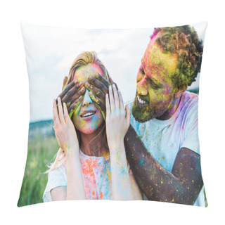 Personality  Happy African American Man Covering Eyes Of Young Woman With Holi Paints On Face  Pillow Covers