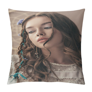 Personality  Attractive Tender Girl With Braids In White Boho Dress On Beige With Dream Catcher Pillow Covers