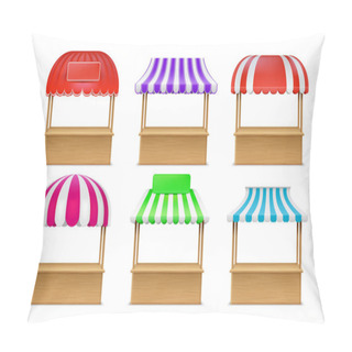 Personality  Realistic Empty Wood Market Booth With Striped Awning. Wooden Street Fair Stall. Grocery, Fruit Or Bakery Kiosk With Canopy Roof Vector Set Pillow Covers