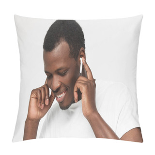 Personality  Closeup Picture Of African American Man Pictured Isolated On Gray Background Listening To Player With Happy Toothy Smile Pressing Hands To Earphones To Enjoy Sound More, Moving, Feeling Great Joy Pillow Covers