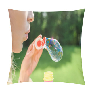 Personality  Cropped Shot Of Young Woman Blowing Soap Bubbles In Park Pillow Covers
