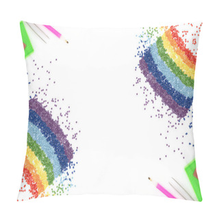 Personality  The Rainbow Of Colorful Crystals, Tweezers, Stylus And Tray For Diamond Embroidery, Mosaic On White Background. Handmade Hobby Concept. Flat Lay Style With Copy Space For Your Text. Pillow Covers