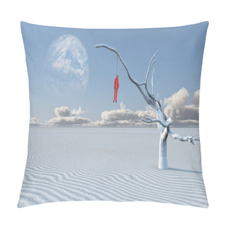 Personality  Surreal White Desert. Man In Red Suit Is Hanged On A Dry Tree Pillow Covers