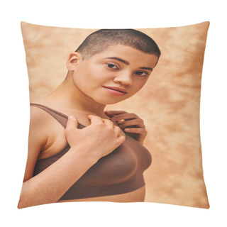 Personality  Natural Look, Self-acceptance, Young Woman With Short Hair Posing On Mottled Beige Background, Individuality, Modern Generation Z, Beauty And Confidence, Body Positivity And Confidence  Pillow Covers
