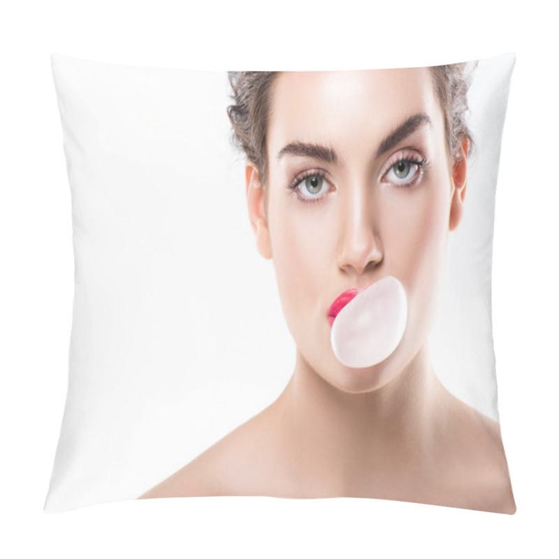 Personality  Attractive Girl With Bubble Of Chewing Gum, Isolated On White Pillow Covers