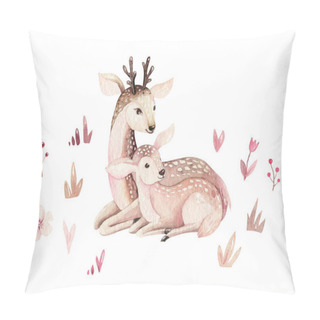 Personality  Watercolor Little Deer Baby And Mother Watercolour Bembi Cartoon Baby Nursery. Forest Funny Young Deer Illustration. Fawn Animal. Mom And Baby Decor Pillow Covers
