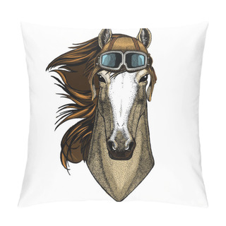 Personality  Horse, Steed, Courser. Portrait Of Wild Animal. Vintage Aviator Helmet With Googles. Pillow Covers