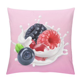 Personality  Forest Berry And Milk Splash. Fruit And Yogurt. Realistic Illustration. 3d Vector Icon Pillow Covers