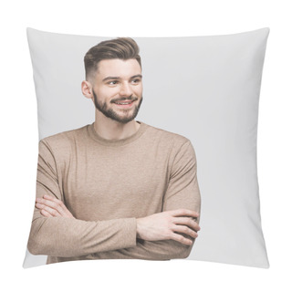 Personality  Handsome Smiling Young Man Isolated On Gray Background Closeup Portrait. Laughing Joyful Cheerful Men Studio Shot Pillow Covers