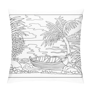 Personality  Summer Illustration, Drawn Wooden Boat On The Seashore Among Palms And Plants. Sketch, Landscape, Clip Art Pillow Covers