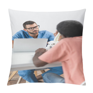 Personality  Back View Of Blurred African American Man Near Physiotherapist Pointing At Spine Model Pillow Covers