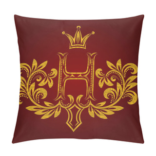 Personality  Patterned Golden Letter H Monogram In Vintage Style. Heraldic Coat Of Arms. Baroque Logo Template. Pillow Covers