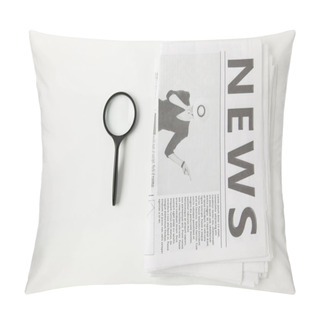 Personality  Top View Of Magnifying Glass And Newspapers Isolated On Grey Pillow Covers