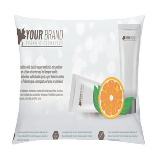 Personality  Vector Illustration Of Beautiful Hydrating Facial Cream With Citrus Fruit, Green Leaf And Water Drops On It. Cosmetic Ads On Bubble Background. Pillow Covers