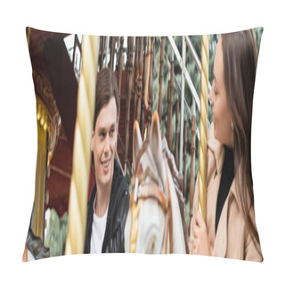Personality  Cheerful Young Man Looking At Girlfriend Riding Carousel Horse In Amusement Park, Banner Pillow Covers