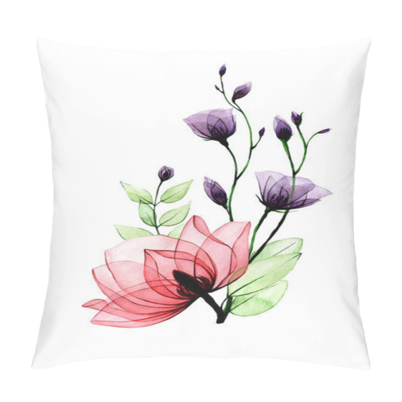 Personality  watercolor bouquet with transparent flowers. pink wild roses and purple wildflowers isolated on white background. pillow covers