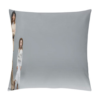 Personality  Elegant Mother And Daughter In White And Beige Outfits Showing Kiss On Grey, Panoramic Shot Pillow Covers