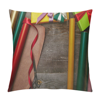 Personality  Top View Of Arrangement Of Wrapping Papers, Christmas Presents With Ribbons And Scissors On Wooden Tabletop Pillow Covers