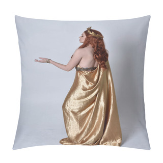 Personality  Full Length Portrait Of Girl With Red Hair Wearing Long Grecian Toga And Golden Wreath. Standing Pose With Back To The Camera,  Isolated Against A Grey Studio Background. Pillow Covers