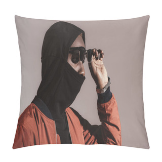 Personality  Stylish Young African American Man Wearing Hood With Face Mask Isolated On Light Background Pillow Covers