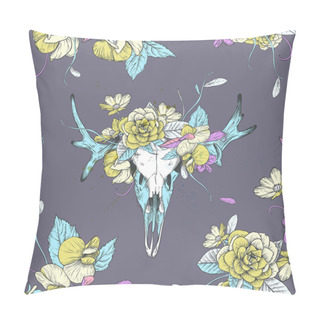 Personality  Seamless Pattern.Skull Of Deer In Flowers. Pillow Covers