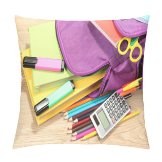 Personality  Purple Backpack With School Supplies On Wooden Background Pillow Covers