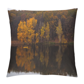 Personality  Yellow Small Boat Near The Forest With Golden Autumn Trees, Reflections In Water Pillow Covers