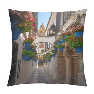 Personality  Calleja De Las Flores Street With Flower Pots And Cathedral Tower - Cordoba, Andalusia, Spain Pillow Covers