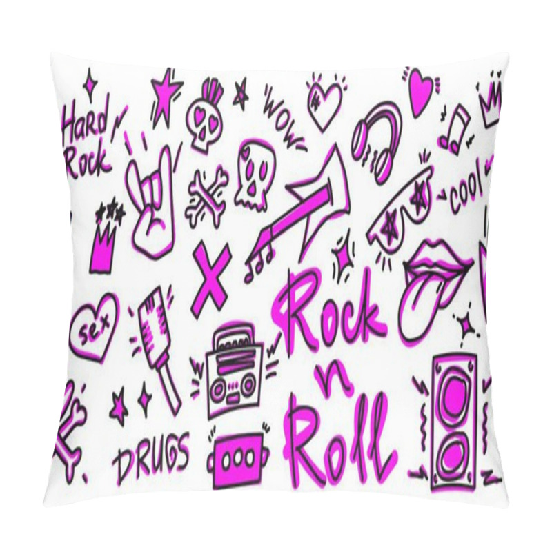 Personality  Rock N Roll, Punk Music Doodle Set. Graffiti, Tattoo Hand Drew Sticker, Text, Skull, Heart, Skate, Gesture Hand. Grunge Rock Vector Illustration. Pillow Covers