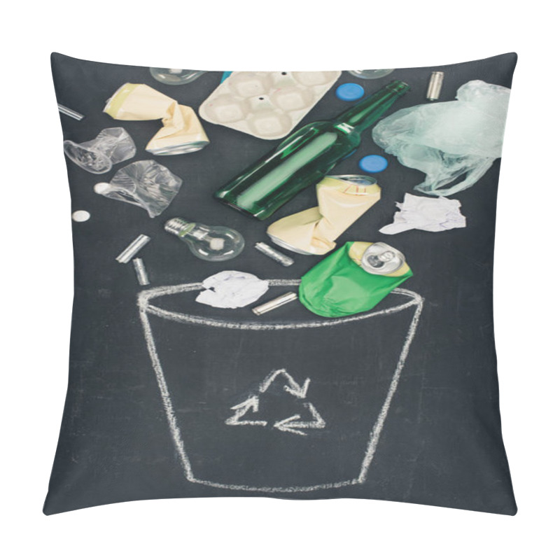 Personality  Various Types Of Trash Falling Into Drawn Trash Can With Recycle Sign On Chalkboard Pillow Covers