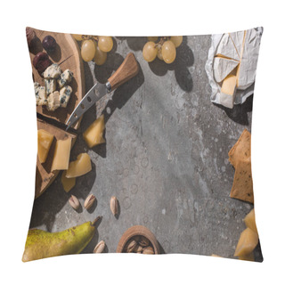 Personality  Top View Of Cheese, Fruits, Nuts, Crackers And Olives With Knife And Cutting Board On Grey Background Pillow Covers