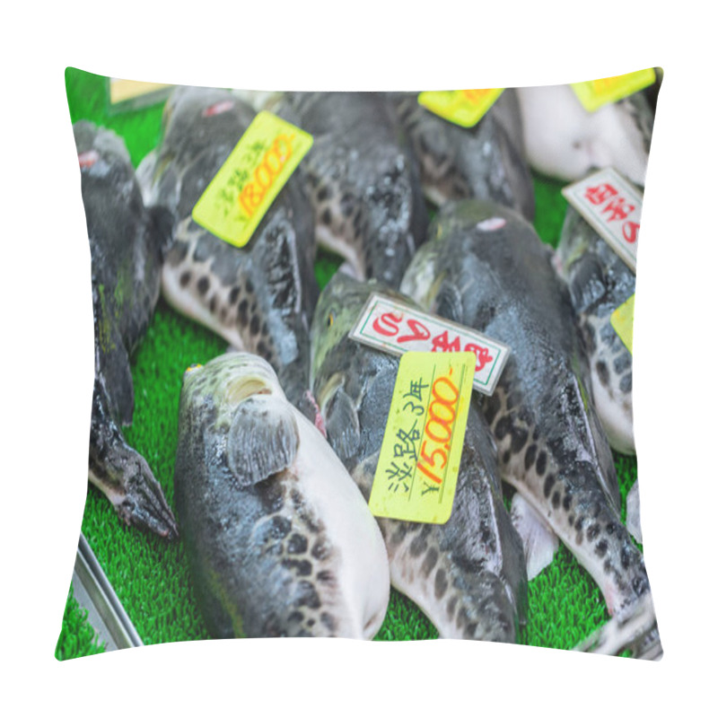 Personality  Fugu Fish or Puffer Fish Most dangerous seafood from venom but popular in Japanese Sashimi Japan Osaka December 2017. pillow covers
