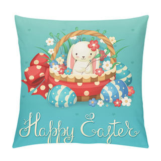 Personality  Vector Illustration For The Easter Holiday. Rabbit In A Basket With Flowers And Eggs. Pillow Covers