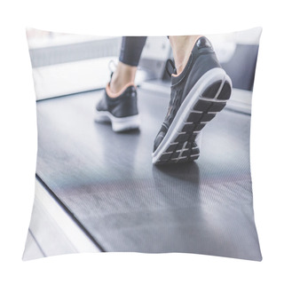 Personality  Cropped Shot Of Woman In Jogging Sneakers Running On Treadmill Pillow Covers