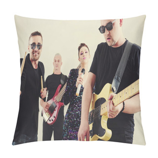 Personality  Stylish Young Man In Sunglasses Playing Bass Guitar, His Band Performing In Background Pillow Covers