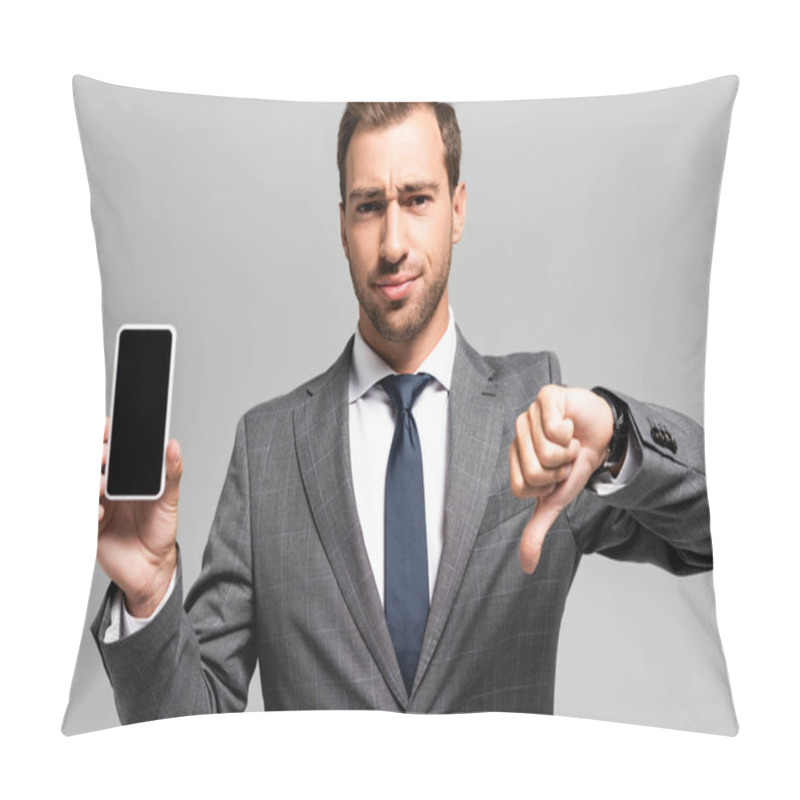 Personality  Sad Businessman In Suit Holding Smartphone And Showing Dislike Isolated On Grey  Pillow Covers