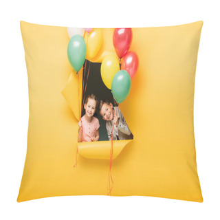 Personality  Cheerful Kids Holding Colorful Balloons Through Hole On Yellow Background Pillow Covers
