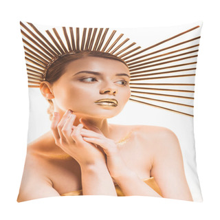 Personality  Young Beautiful Woman With Golden Glittery Makeup And Accessory On Head Isolated On White Pillow Covers