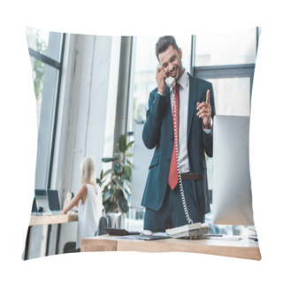 Personality  Selective Focus Of Happy Bearded Man Talking On Retro Phone And Gesturing In Office  Pillow Covers