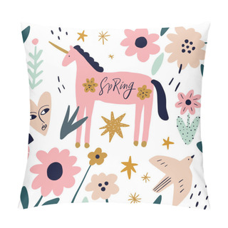 Personality  Boho Unicorn And Bird Spring Concept. Folk Art Horse Slovak Ornament, Swedish Style Drawing, Pastel Coloured Nordic Floral Composition, Scandinavian Flower. Vector Image Pillow Covers
