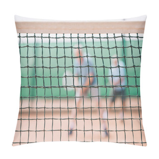 Personality  Selective Focus Of Net On Court And Players With Tennis Equipment Pillow Covers