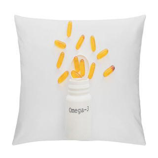 Personality  Top View Of Opened Container With Omega-3 Yellow Capsules On White Background Pillow Covers