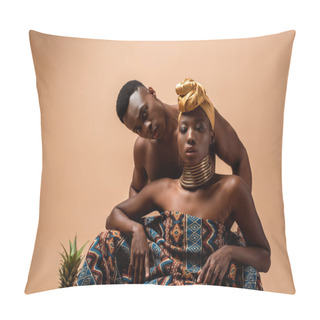 Personality  Sexy Naked Tribal Afro Woman Covered In Blanket Posing Near Man On Beige Pillow Covers